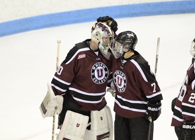 New Haven, CT – February 28, 2014 – Ingalls Rink: Colin Stevens (30) of the Union Dutchmen during a regular season game(Photo by Allen Kee / ESPN Images)