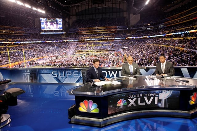 SUPER BOWL XLVI — Game — Pictured:  (l-r) Bob Costas, Host, Tony Dungy, Studio Analyst, Rodney Harrison, Studio Analyst– Photo by: Ben Cohen/NBC